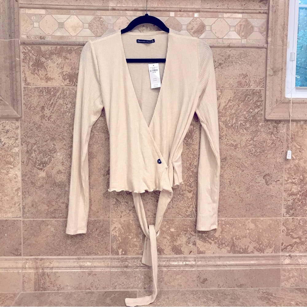Abercrombie & Fitch Ribbed Wrap Long-sleeve Top, Medium, Cream/Beige